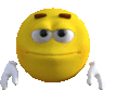 Yellow smiley face with a wide, toothy grin waving its hand in a jerky, awkward motion.