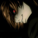 Light Yagami from Death Note with a dark, sinister smirk and glowing red eyes.