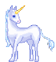 A white unicorn with a golden horn sparkles as a magical light appears above its head.
