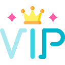 VIP text in blue with a golden crown on top and two pink sparkles on the sides.