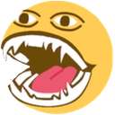 Yellow smiley face with wide-open mouth showing sharp jagged teeth and a pink tongue.