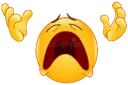 Yellow emoji face screaming with mouth wide open and hands raised in total exasperation.