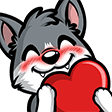 A grey wolf pup blushing with a happy expression while holding a large red heart.