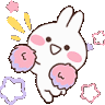 A cute white bunny cheering enthusiastically while holding pink and purple pom-poms.