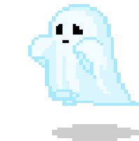 A small light blue pixel ghost looking down with a shy, sad expression while floating.