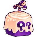 Dough fruit with a white frosting top and glowing purple eyes.