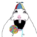A stylized white character wearing a propeller hat with a wide, toothy grin while eating a colorful swirl lollipop.