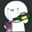 A simple white stick figure character crying while pouring purple wine from a green bottle into a glass.