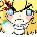 Chibi character with blonde hair and a smug expression holding a baby bottle.