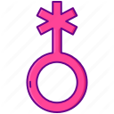 Non-binary gender symbol displayed in a bright neon pink color against a dark background.