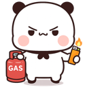 A cute panda with an angry expression holding a red gas canister and a lit lighter.