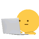 Yellow emoji character sitting at a laptop experiencing a loading spinner that turns into an angry face.