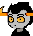 Tavros Nitram with a tired, deadpan expression and orange horns.