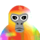 Four gorillas with gray faces and vibrant, psychedelic rainbow-colored bodies standing in a row.