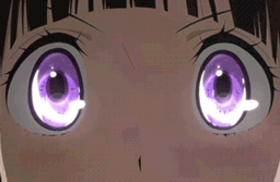 Anime eyes widening with intense purple sparkles expressing amazement.