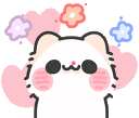 A white cat with rosy cheeks smiling while surrounded by floating pink and blue flowers and hearts.