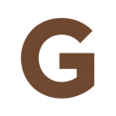Letter G in a bold brown sans-serif font centered on a black background.