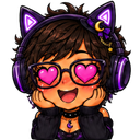 Girl with brown hair wearing purple cat-ear headphones and heart-shaped glasses, smiling with her hands on her cheeks.