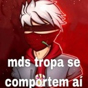 A stylized character with white hair and a red mask wearing a hoodie, with text overlaying the image.