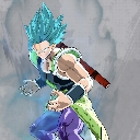 Saiyan warrior with glowing blue hair and an aura in a combat stance.