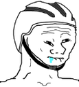Wojak character wearing a bicycle helmet with drool coming from his mouth.