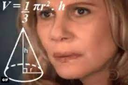 A woman wearing a confused expression with a cone geometry formula and the equation V equals one third pi r squared h overla…