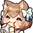 Felix Argyle with cat ears happily eating a snack with a joyful expression.