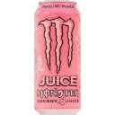 Four pixelated pink Monster energy drink cans arranged in a row.