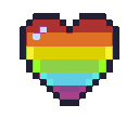 Pixelated heart icon colored with a rainbow gradient.