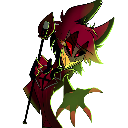 Alastor from Hazbin Hotel reaching forward with a wide, sharp-toothed grin and glowing red eyes.