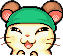 Cappy the hamster with a wide, happy grin wearing a green cap.