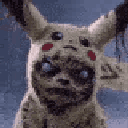 A creature with a sinister, realistic face wearing a Pikachu hoodie with a blank, haunting stare.