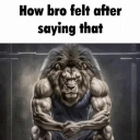 A muscular anthropomorphic lion sitting with hands clasped, looking intensely proud and serious.
