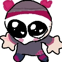 A tiny white creature with massive black eyes and pink cheeks looking up with an adorable expression.