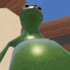 Kermit the Frog appearing in a distorted fisheye perspective with a prominent round belly.