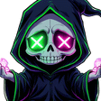 A cute chibi grim reaper with glowing green and pink neon eyes holding magical energy in its hands.