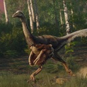 Struthiomimus dinosaur running quickly through a wooded forest environment.