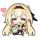 Chibi anime girl with blonde hair sipping a green drink with a pink heart floating next to her.