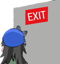 Yangyang from Wuthering Waves looking at a red exit sign.