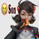 Character eating while a crying emoji and the text Son appear next to them.