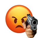 Angry red emoji face pointing a realistic handgun at the viewer.