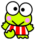 Keroppi the frog smiling with big eyes and a red and white striped shirt.