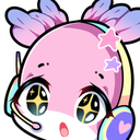 Axolotl with star-shaped pupils and headphones looking amazed.