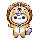 A cute character wearing a lion-unicorn hybrid onesie smiling with arms outstretched.