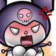 Kuromi with a furious expression, a red rage vein, and a fiery orange background.