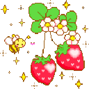 A pair of red strawberries and a tiny bee surrounded by yellow sparkles in a pixel art style.