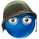 A blue smiley face with wide, tired eyes wearing a green military helmet.