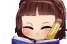 A cute anime girl with a pencil behind her ear falling asleep over a book with Z symbols appearing.