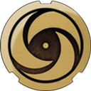 Golden circular emblem with a swirling aperture design on a dark background.