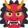 Red oni demon mask with orange horns and sharp white teeth looking angry.